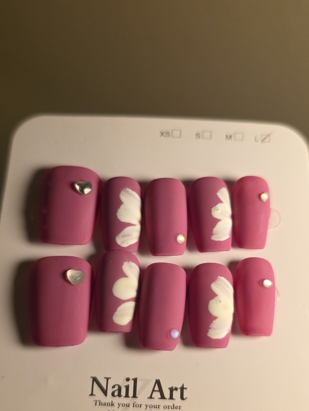 Press-On Matte Pink Floral Nail Set with Rhinestones
